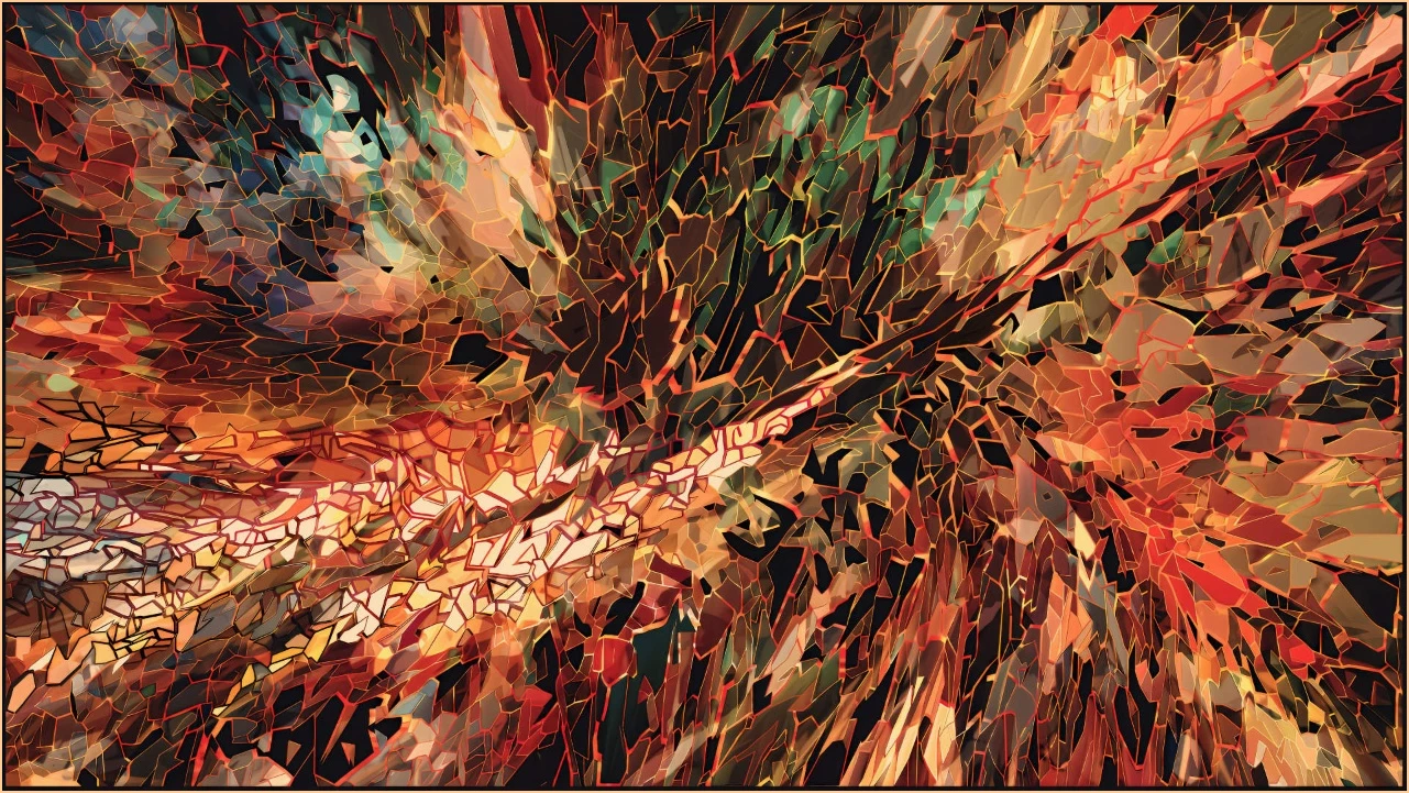 Art numérique abstrait. couleur dominante: orangé-roux. De nombreux petits polygones irréguliers sont assemblés comme une mosaïque.