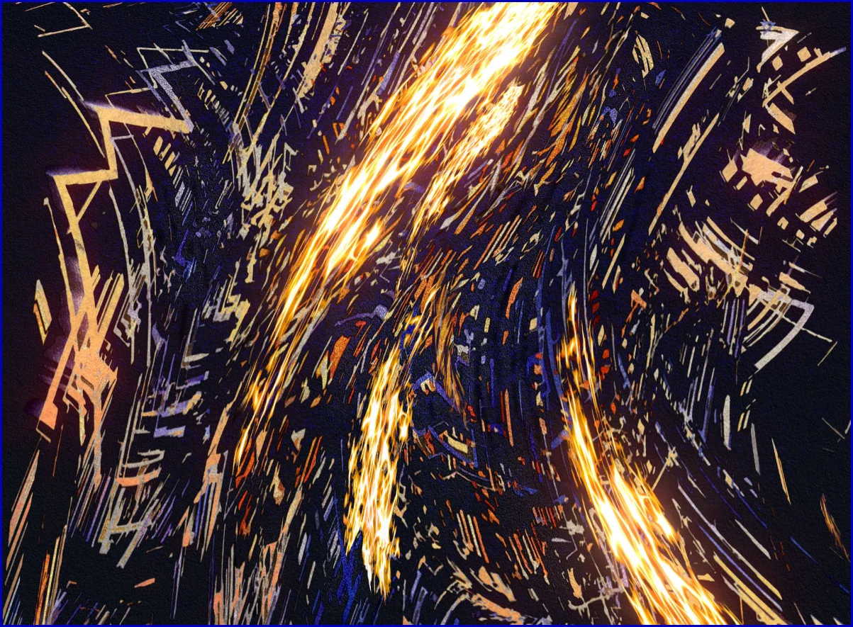 Art numérique abstrait. Ensemble dynamique composé de formes lumineuses orangées et blanches, évoluant à grande vitesse.