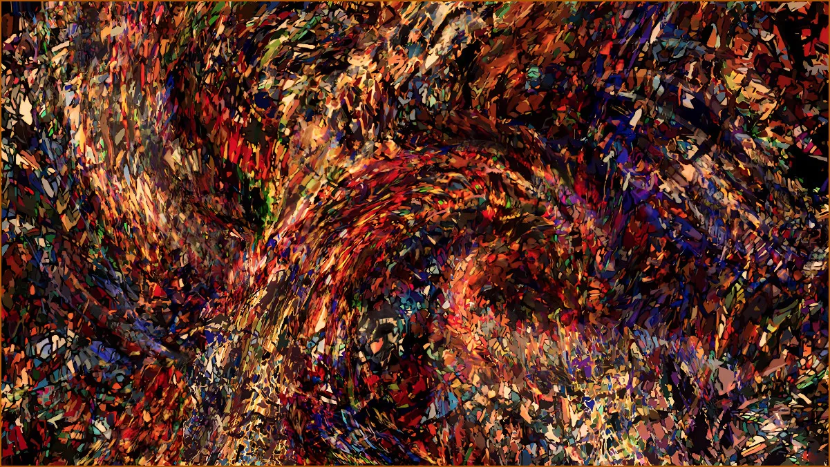 Art numérique abstrait. Un chaos d'innombrables particules  multicolores s'organise en spirales entrelacées, en mouvements hélicoïdaux.