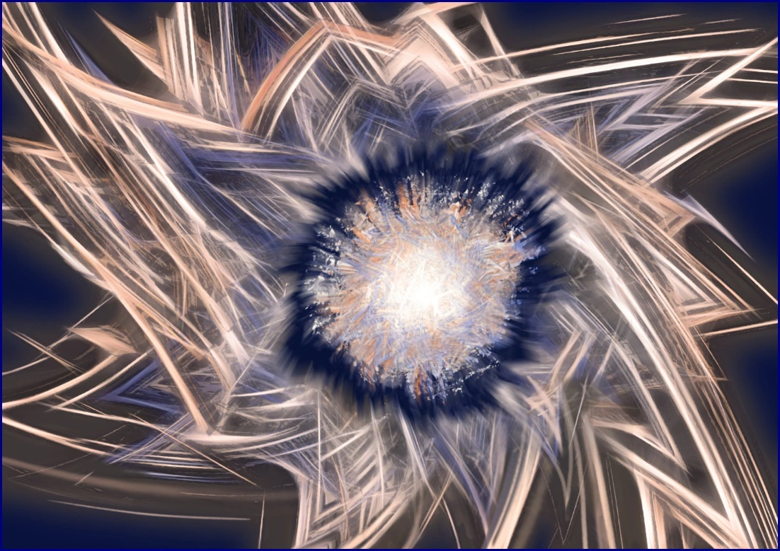 composition numérique présentant un motif abstrait clair et centré sur fond noir, évoquant une fleur cosmique ou une explosion d'énergie.