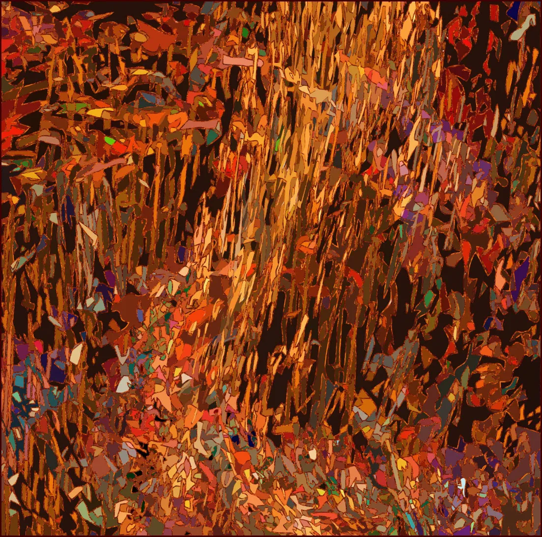 Art numérique abstrait., Une foule de petites formes non figuratives se détache sur un fond noir. Tonalité générale chaude: brun, rouge, orange.