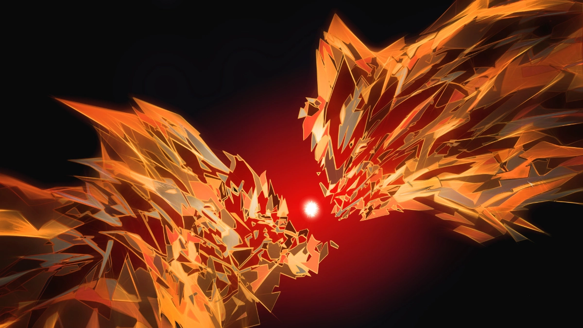 Art numérique abstrait: affrontement de deux ensembles de formes anguleusesl aux tons chauds. Au centre, une petite boule blanche est entourée d'un halo rouge sur fond noir.