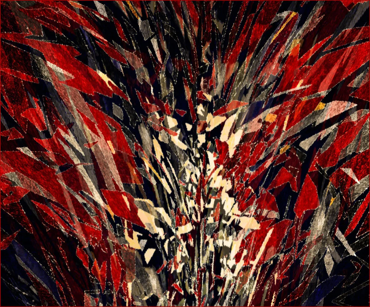 Art numérique abstrait: un bouquet de formes texturées s'évase vers le haut, jaune clair au centre, puis rouges et noires.