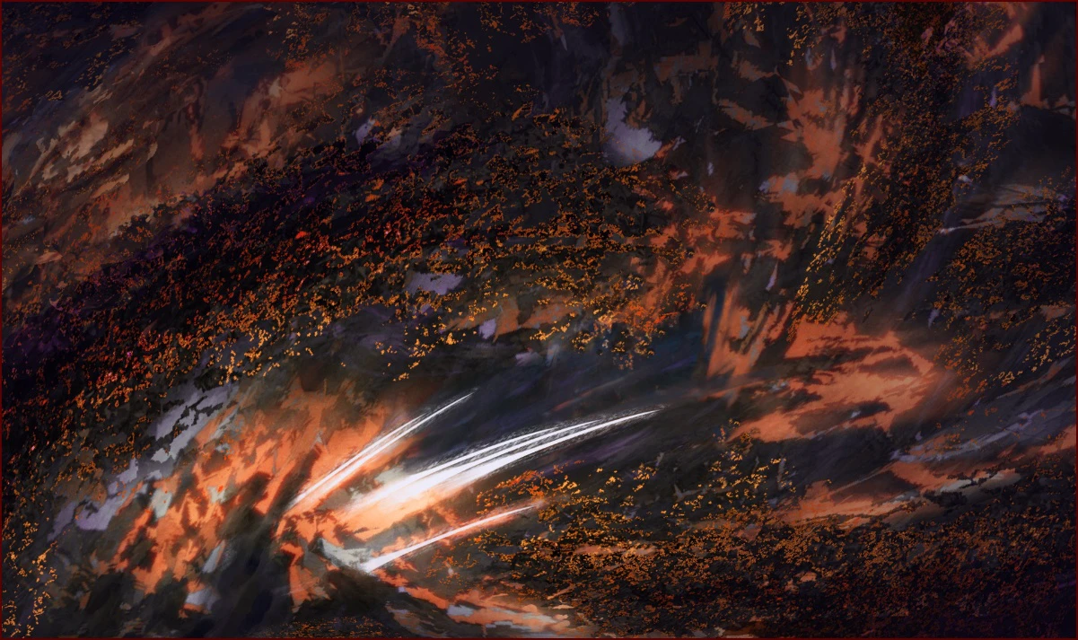 Composition numérique abstraite. trois jets obliques de lumière blanche éclairent un ensemble texturé sombre, orangé, brun et noir.