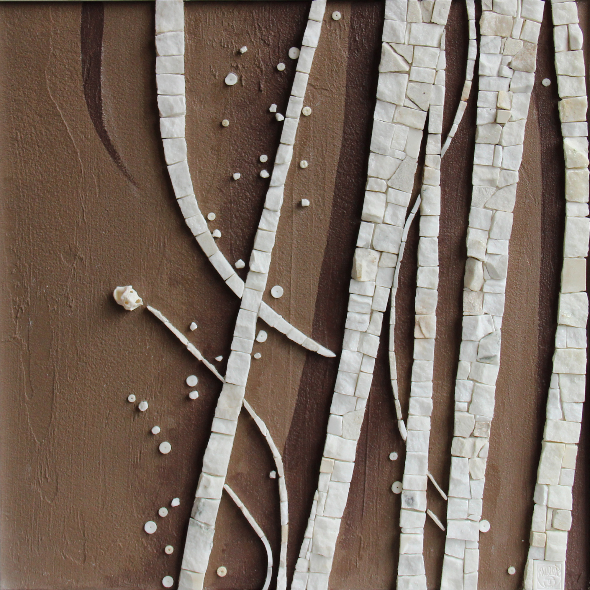 mosaique - tableau - rubans et confettis - triptyque - marbre - blanc - taupe - ora mosaiques.