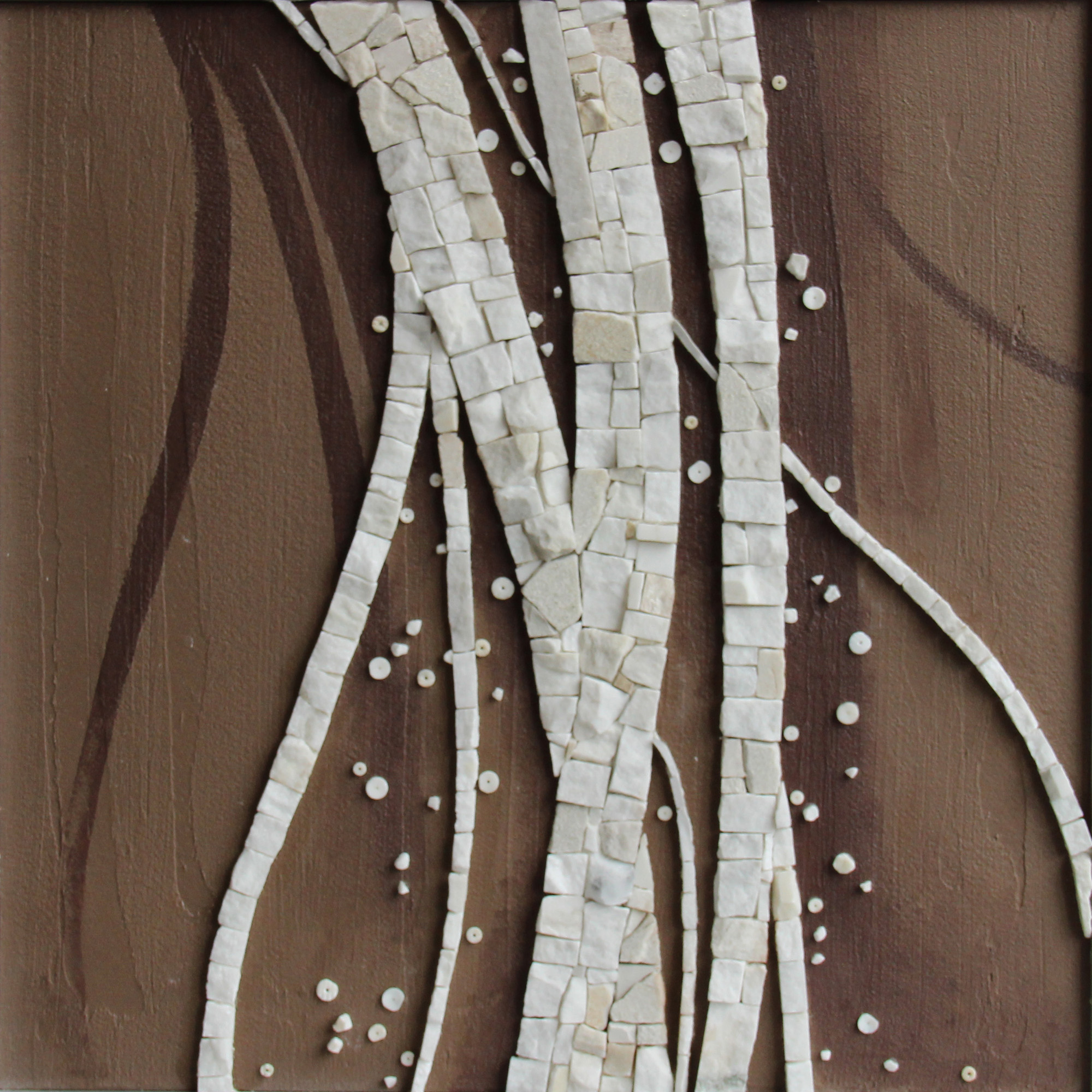 mosaique - tableau - rubans et confettis - triptyque - marbre - blanc - taupe - ora mosaiques.