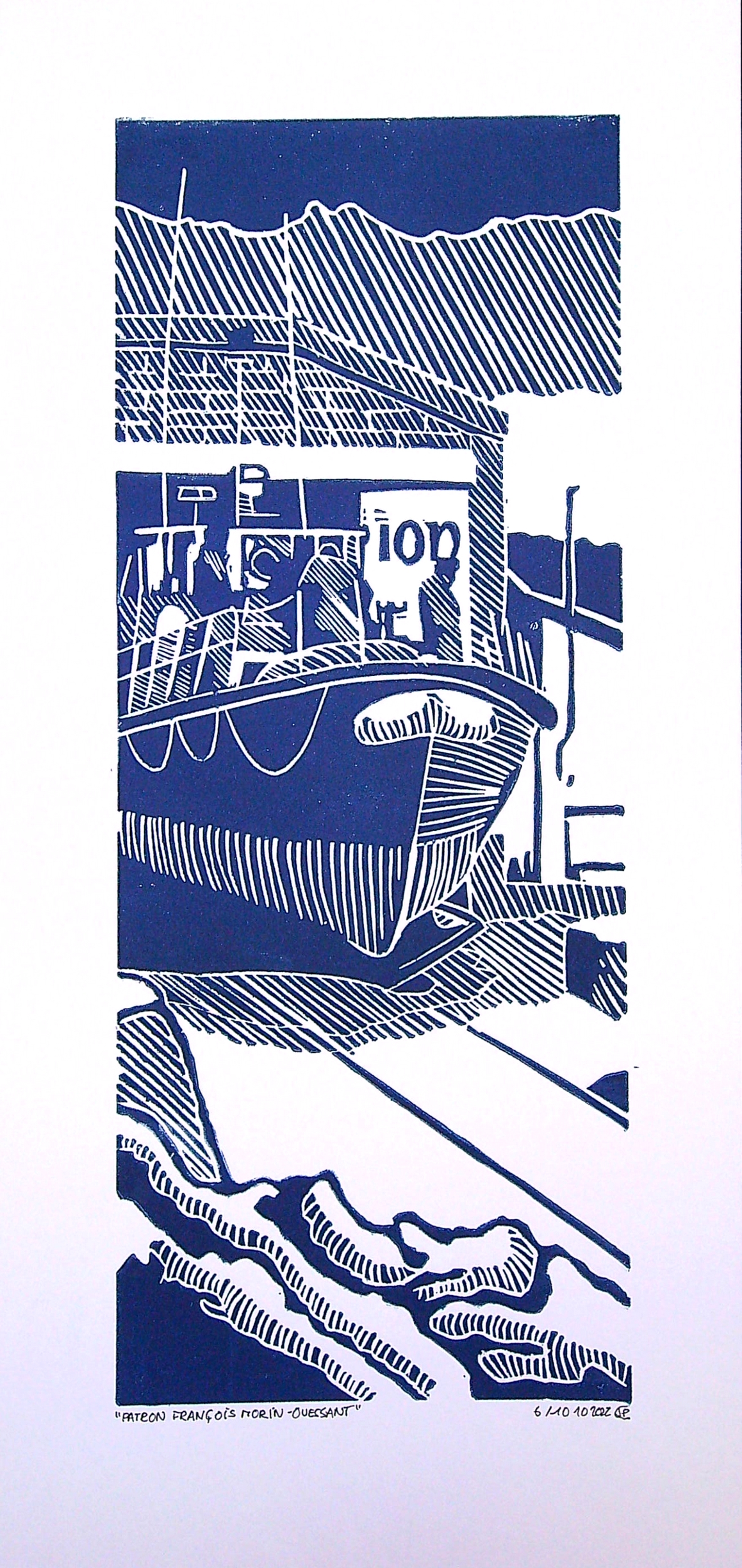 Canot de sauvetage-Ouessant - Linogravure tirée à 20 exemplaires ©-JPC