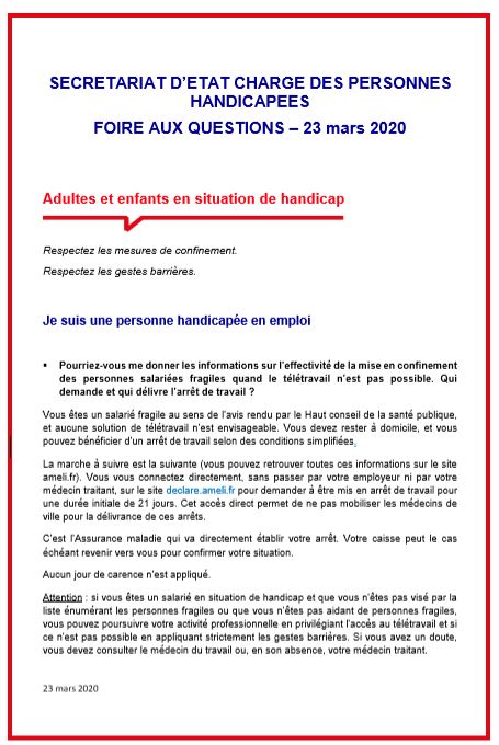 COVID19 - FAQ Secretariat d'Etat chargé des personnes handicapées