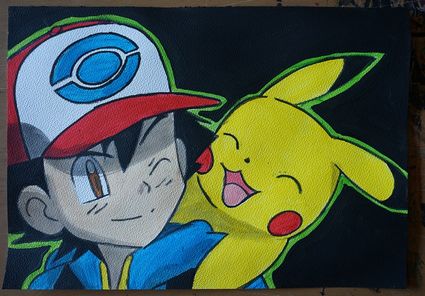 Bl peinture pokemon sacha et pikachu 1 sur papier aquarelle format a4 300 g