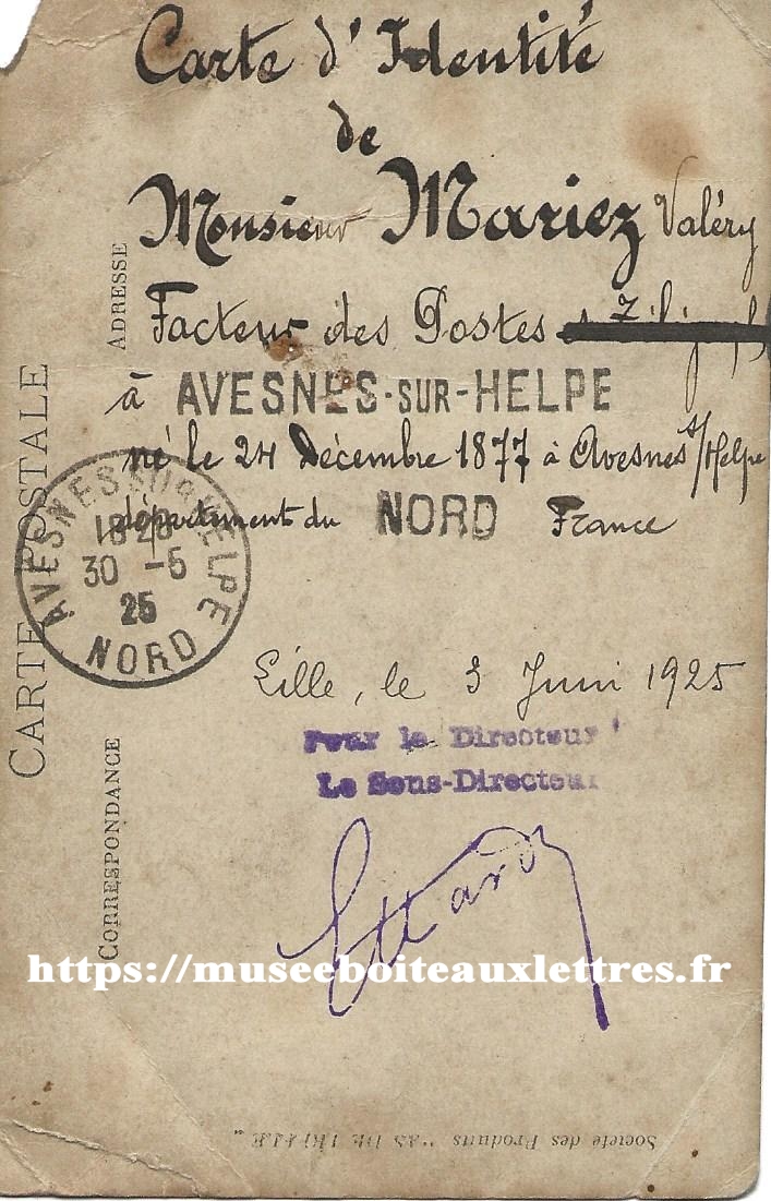 Carte postale photo d'un facteur des PTT 1925 Nord