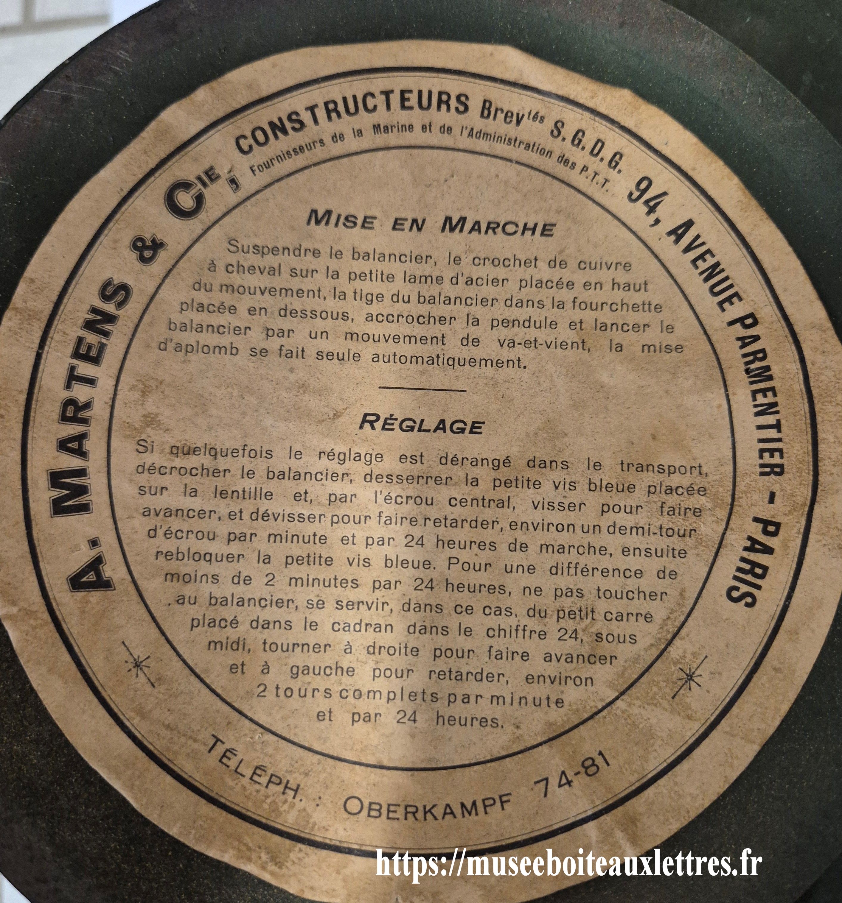 pendule Maertens Paris administration des postes