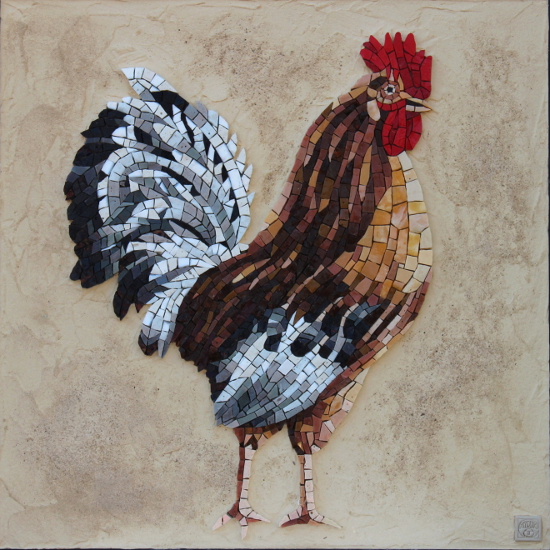 mosaique - tableau - coq - oiseau - plumes - beton - verre - bird - oiseau mosaïque - ora mosaiques.