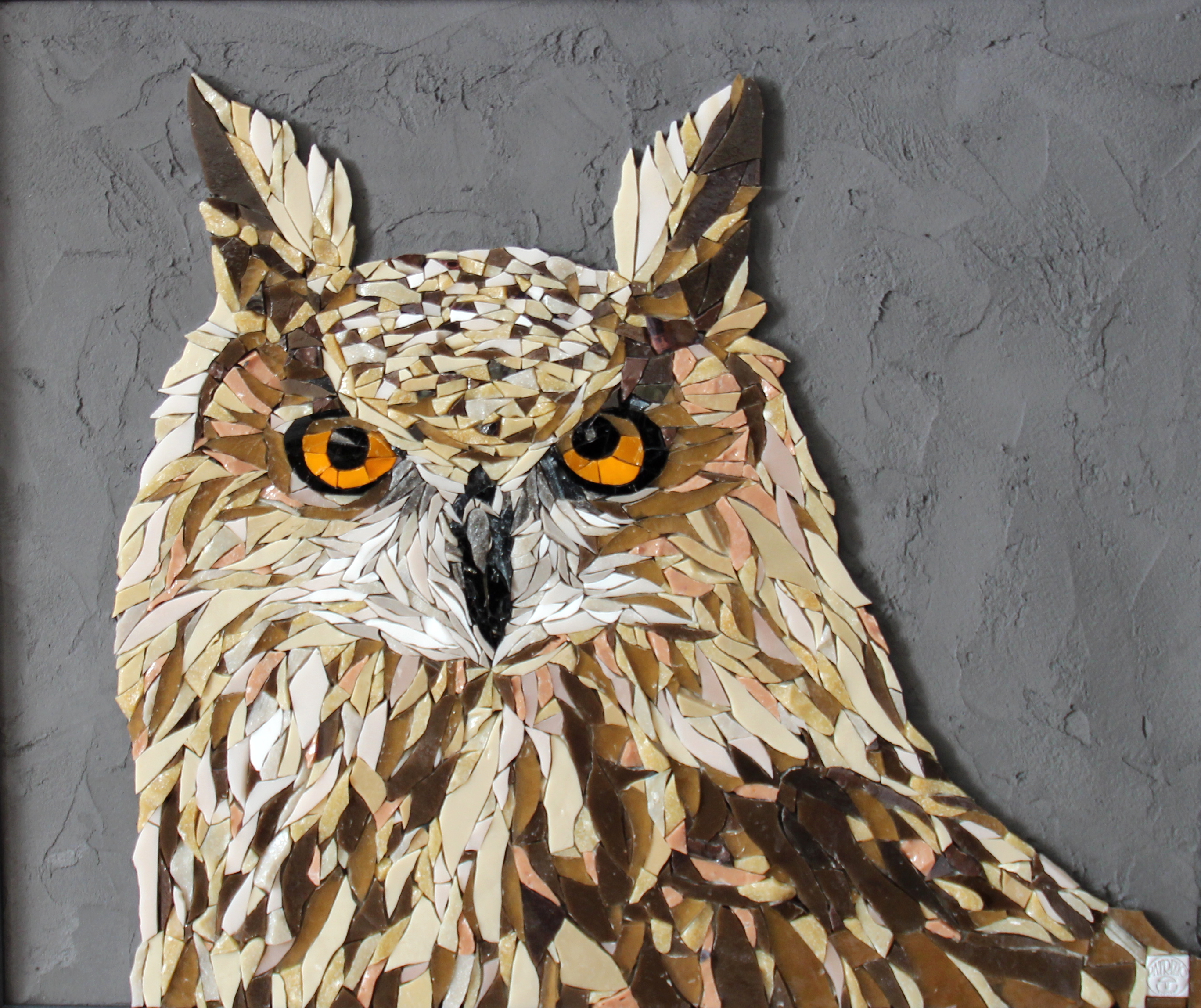 mosaique - tableau - hibou - oiseau - plumes - beton - verre - bird - oiseau mosaïque - ora mosaiques.