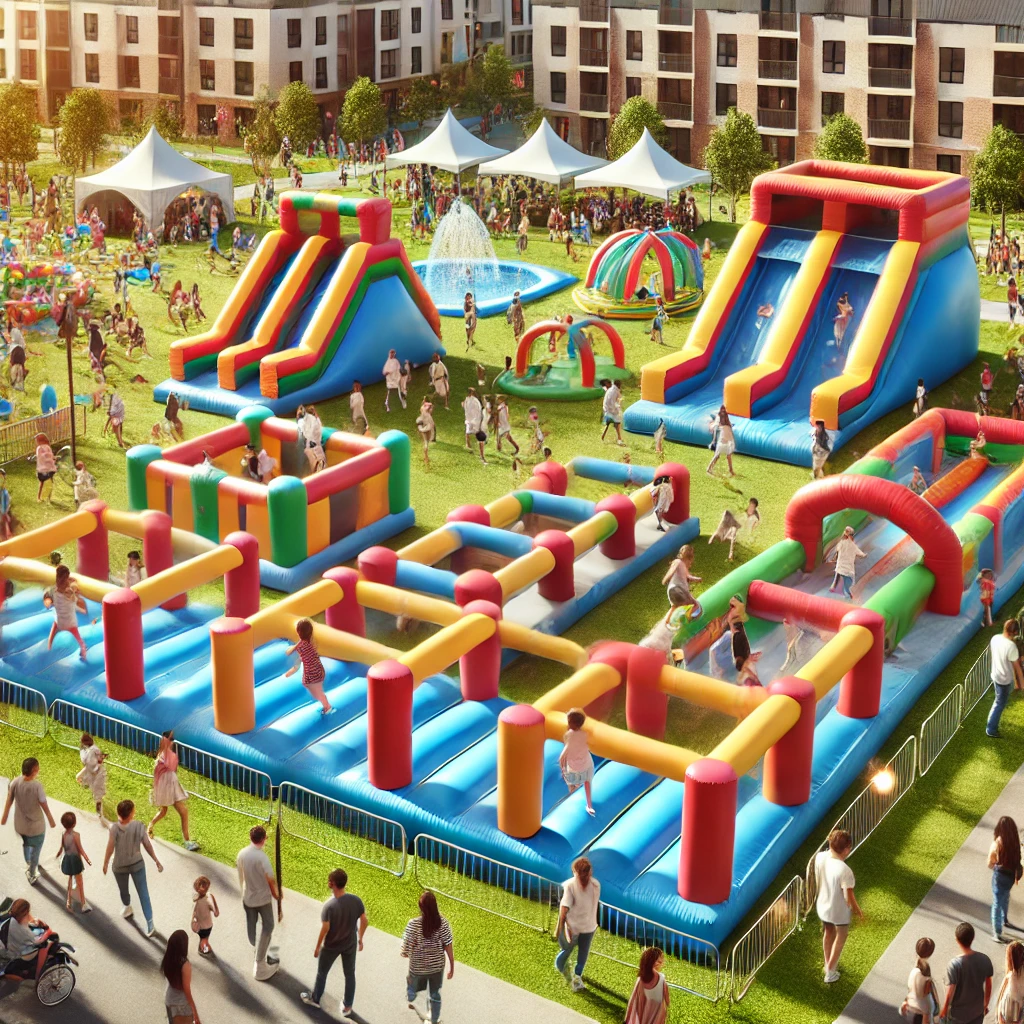  Parcours gonflable coloré installé dans un parc pour un anniversaire, avec des enfants qui traversent des tunnels et des obstacles sous le regard des parents.