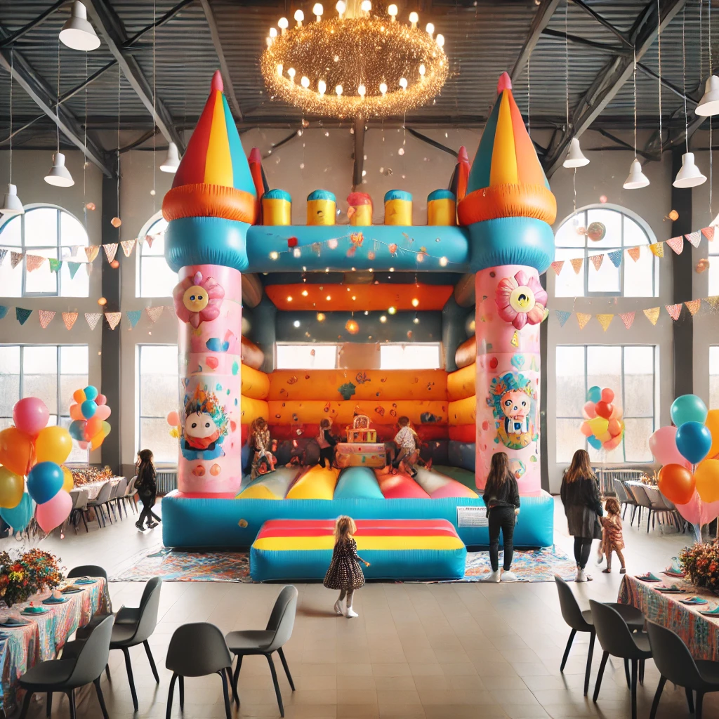  Château gonflable coloré installé dans une salle d’événement pour un anniversaire, entouré de ballons et de décorations, avec des enfants qui jouent et des parents qui regardent.
