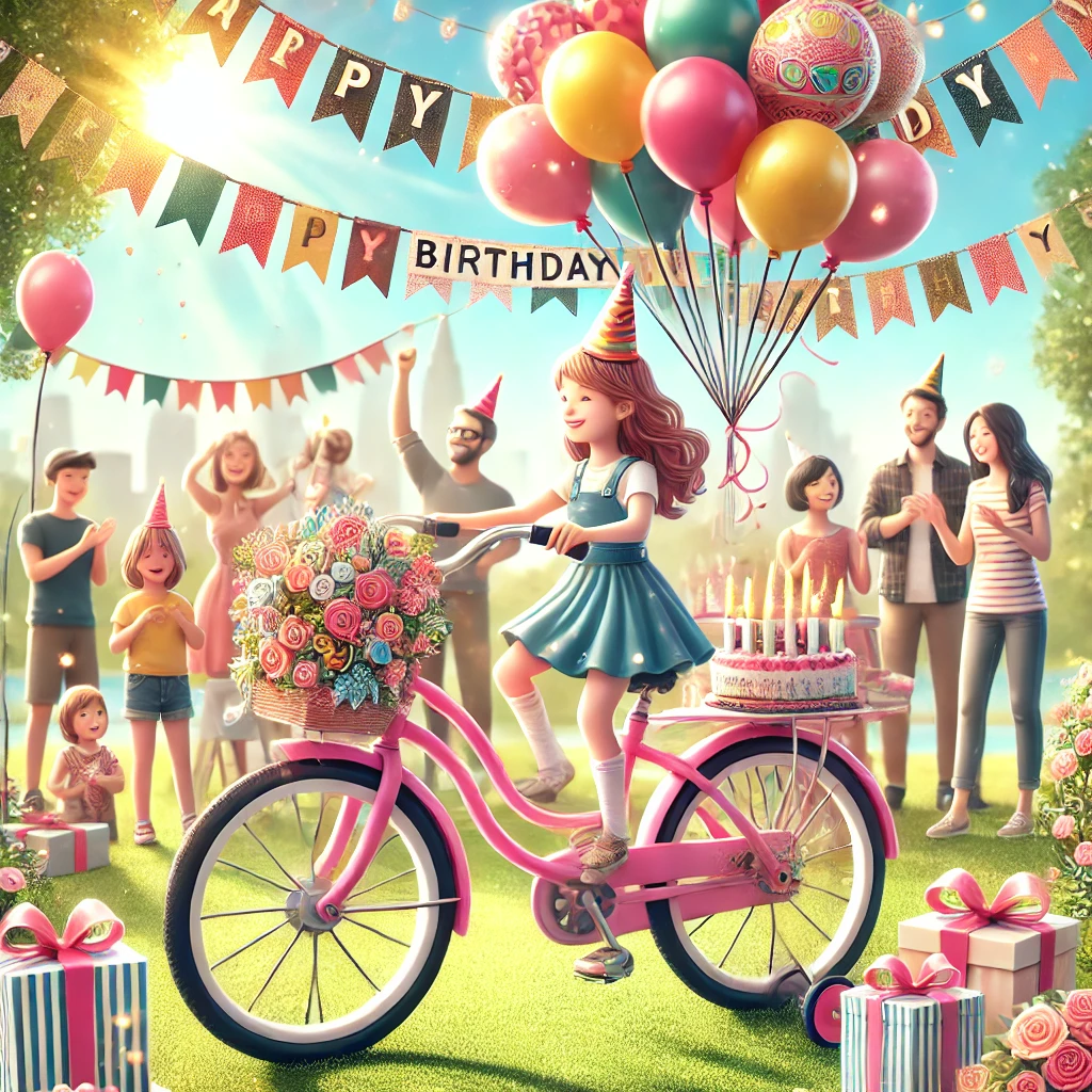 Rosalie décorée avec des ballons et des rubans pour un anniversaire, entourée d’enfants et d’adultes qui célèbrent dans un parc ensoleillé.