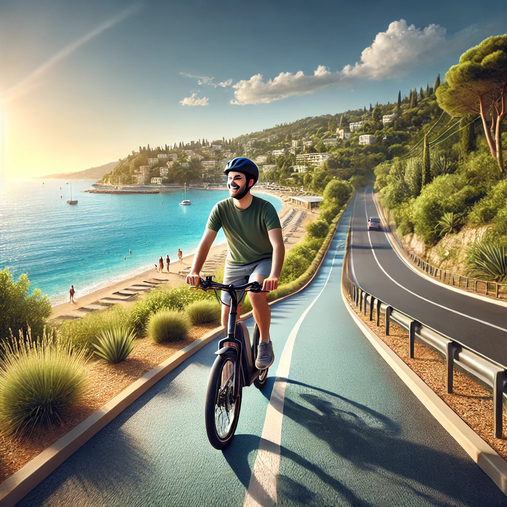 Vélo électrique garé sur un chemin côtier de la Côte d’Azur, avec vue sur la Méditerranée et des fleurs sous un ciel ensoleillé.