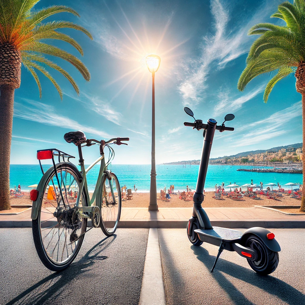 Comparaison entre un vélo électrique et une trottinette électrique sur la Promenade de la Plage à Cagnes-sur-Mer, avec la Méditerranée et des palmiers en arrière-plan.