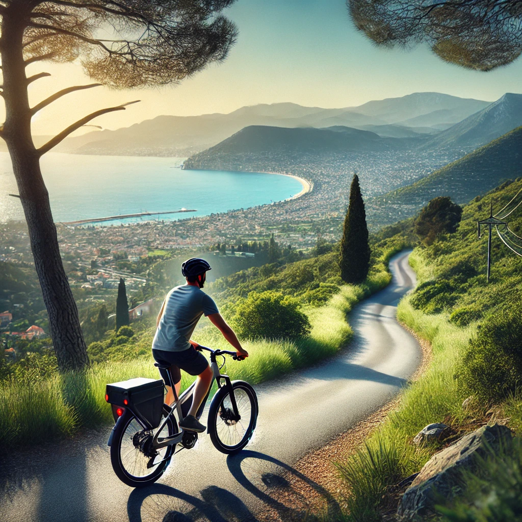 Cycliste à vélo électrique montant une colline près de Cagnes-sur-Mer, entouré de verdure avec vue sur la Méditerranée.
