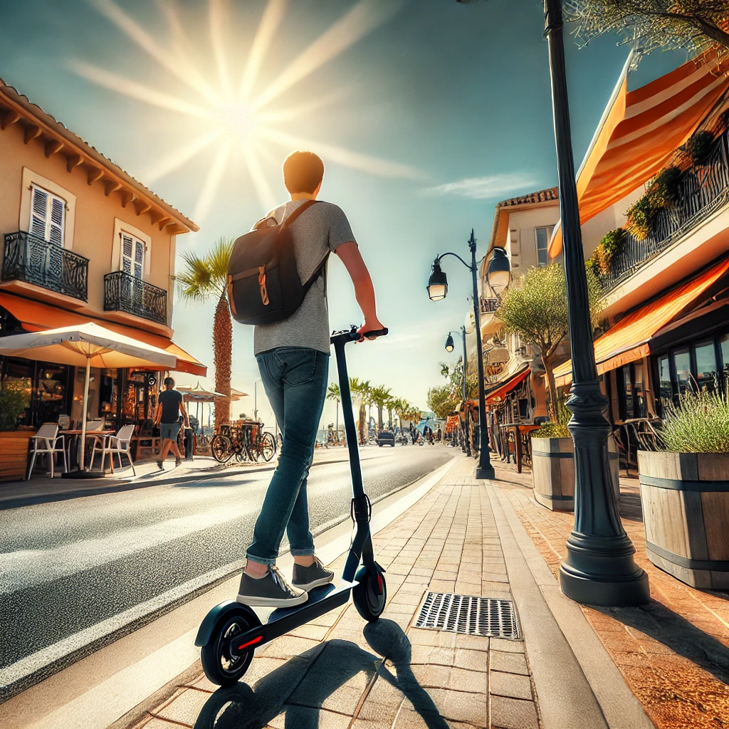 Texte alternatif (alt) : Personne en trottinette électrique sur une rue pavée de Cagnes-sur-Mer, entourée de boutiques et de cafés sous un ciel ensoleillé.
Titre : Mobilité urbaine en trottinette électrique
Légende : Parcourez les rues de Cagnes-sur-Mer avec style et praticité grâce à une trottinette électrique.
Description : Une trottinette électrique se déplace facilement dans les rues urbaines de Cagnes-sur-Mer, entourée de commerces et de cafés, symbolisant une mobilité moderne, pratique et écologique.