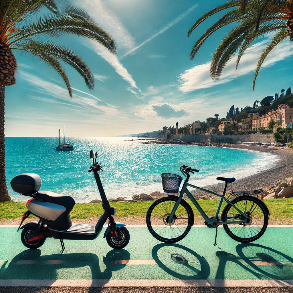 Vélo électrique et trottinette électrique côte à côte sur une piste cyclable le long de la Méditerranée près de Cagnes-sur-Mer, avec des palmiers et un ciel ensoleillé.