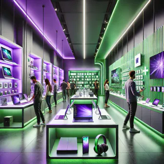 DALL-E-2024-06-28-16-21-08-A-modern-computer-store-designed-with-a-dominant-purple-and-green-theme-showcasing-sleek-shelves-filled-with-various-high-tech-gadgets-like-laptops-