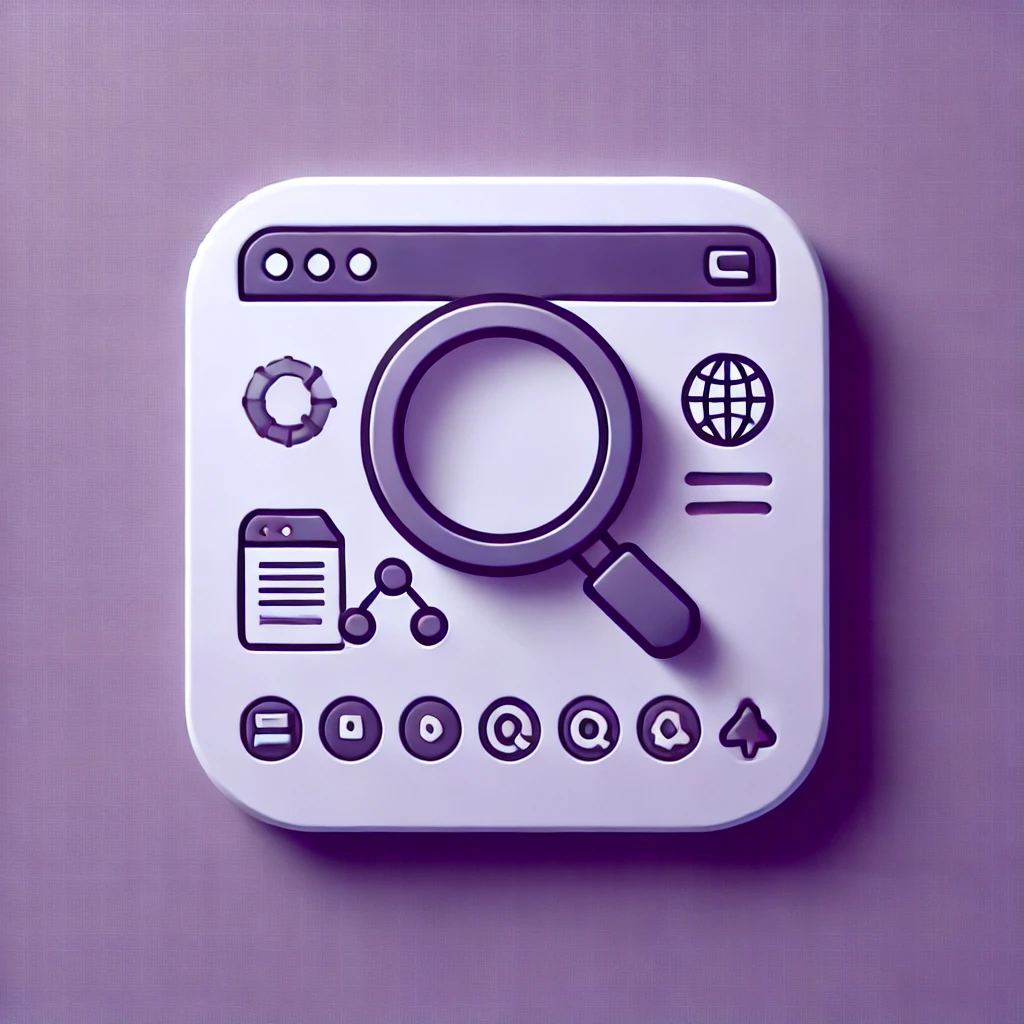 DALL-E-2024-07-04-20-58-53-A-simple-image-representing-software-search-with-a-violet-theme-The-image-should-feature-a-large-magnifying-glass-centered-on-the-page-with-a-few-ico