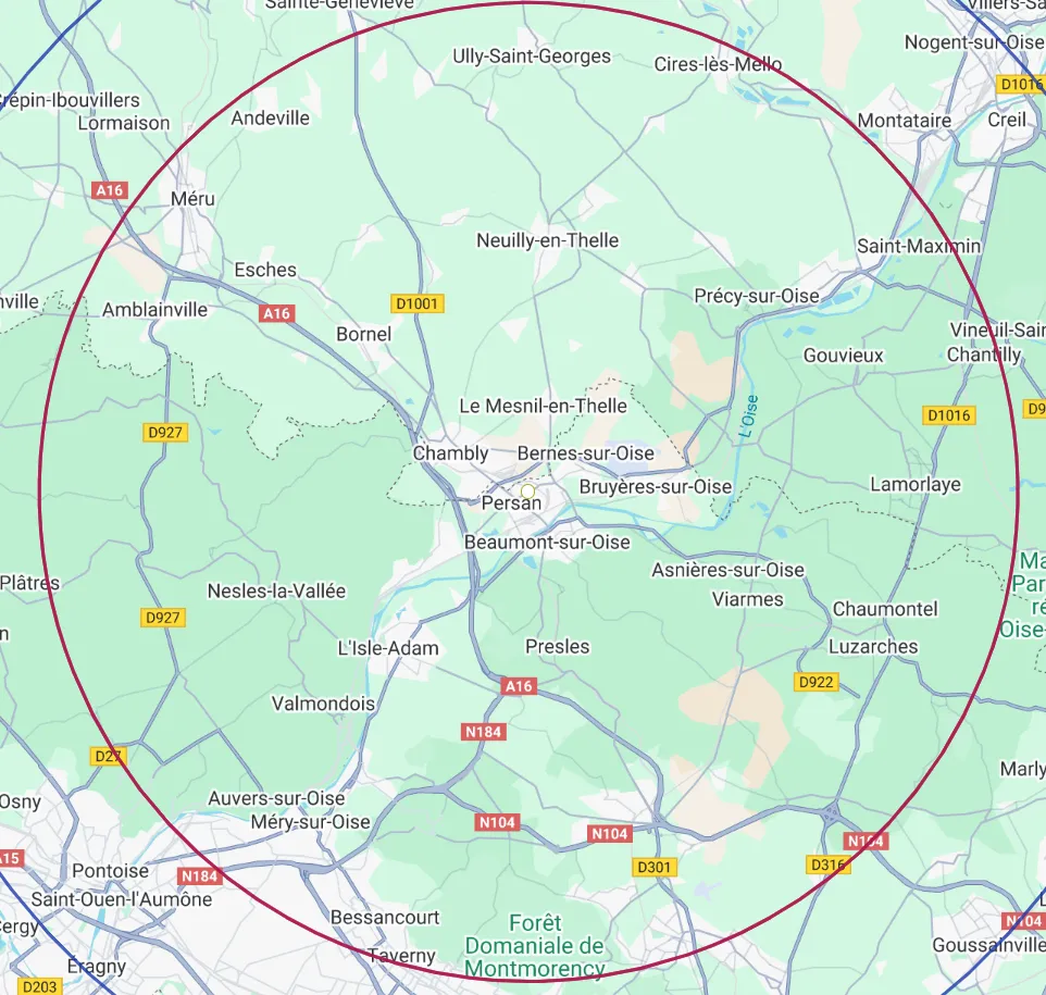 Carte de la zone d’intervention 15 km autour de Persan (Val-d’Oise et Oise)
