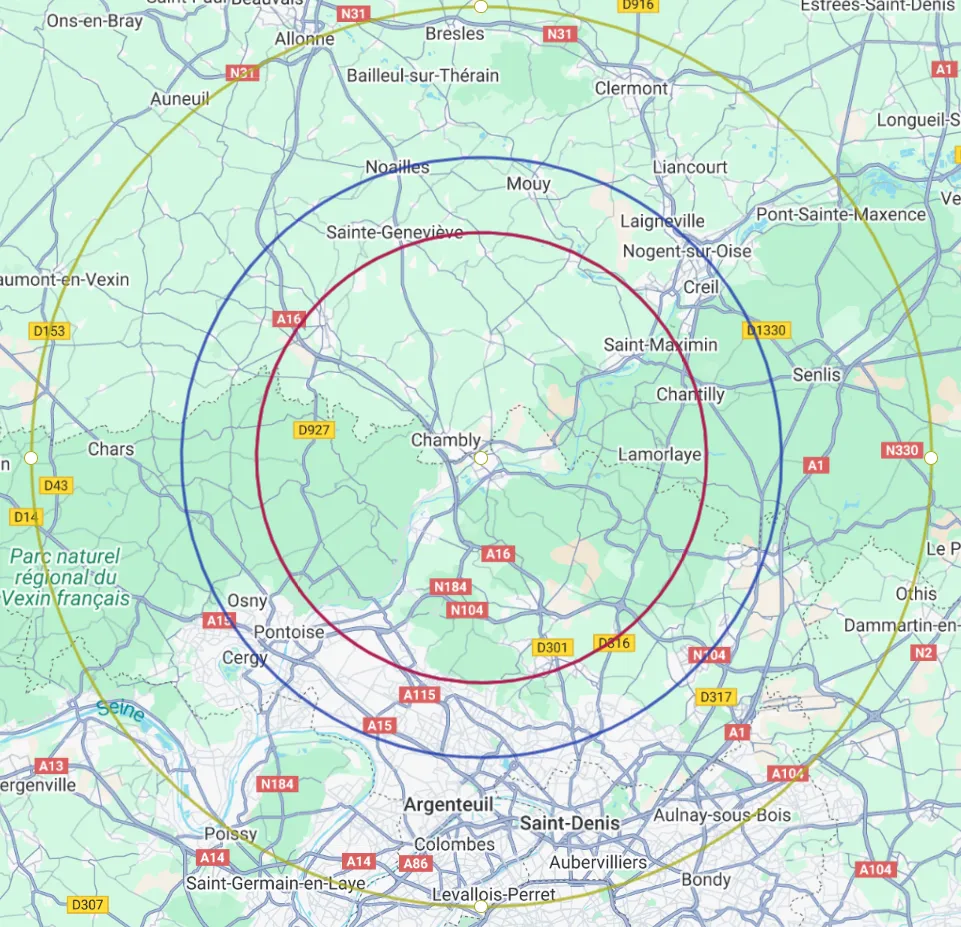 Zone d'intervention autour de Persan (95) : 15, 20 et 30 km