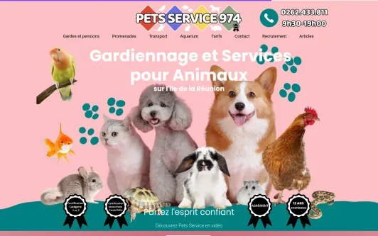 Site exemple PETS SERVICE 974 est le spécialiste Professionnel n°1 de la PENSION, GARDE, PROMENADE et SERVICES pour chien et chat sur l&#39;ile de la Réunion (974) ainsi que pour tout les Animaux de compagnie: chien, chat, poisson, rongeur, oiseau