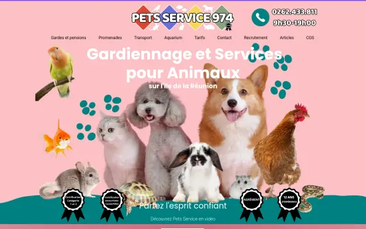 Example website PETS SERVICE 974 est le spécialiste Professionnel n°1 de la PENSION, GARDE, PROMENADE et SERVICES pour chien et chat sur l'ile de la Réunion (974) ainsi que pour tout les Animaux de compagnie: chien, chat, poisson, rongeur, oiseau