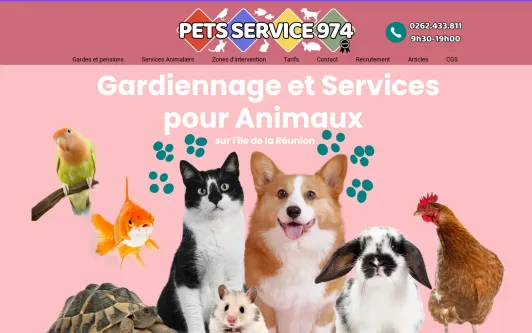 Ejemplo de sitio web PETS SERVICE 974 est le spécialiste Professionnel n°1 de la PENSION, GARDE, PROMENADE et SERVICES pour chien et chat sur l'ile de la Réunion (974) ainsi que pour tout les Animaux de compagnie: chien, chat, poisson, rongeur, oiseau