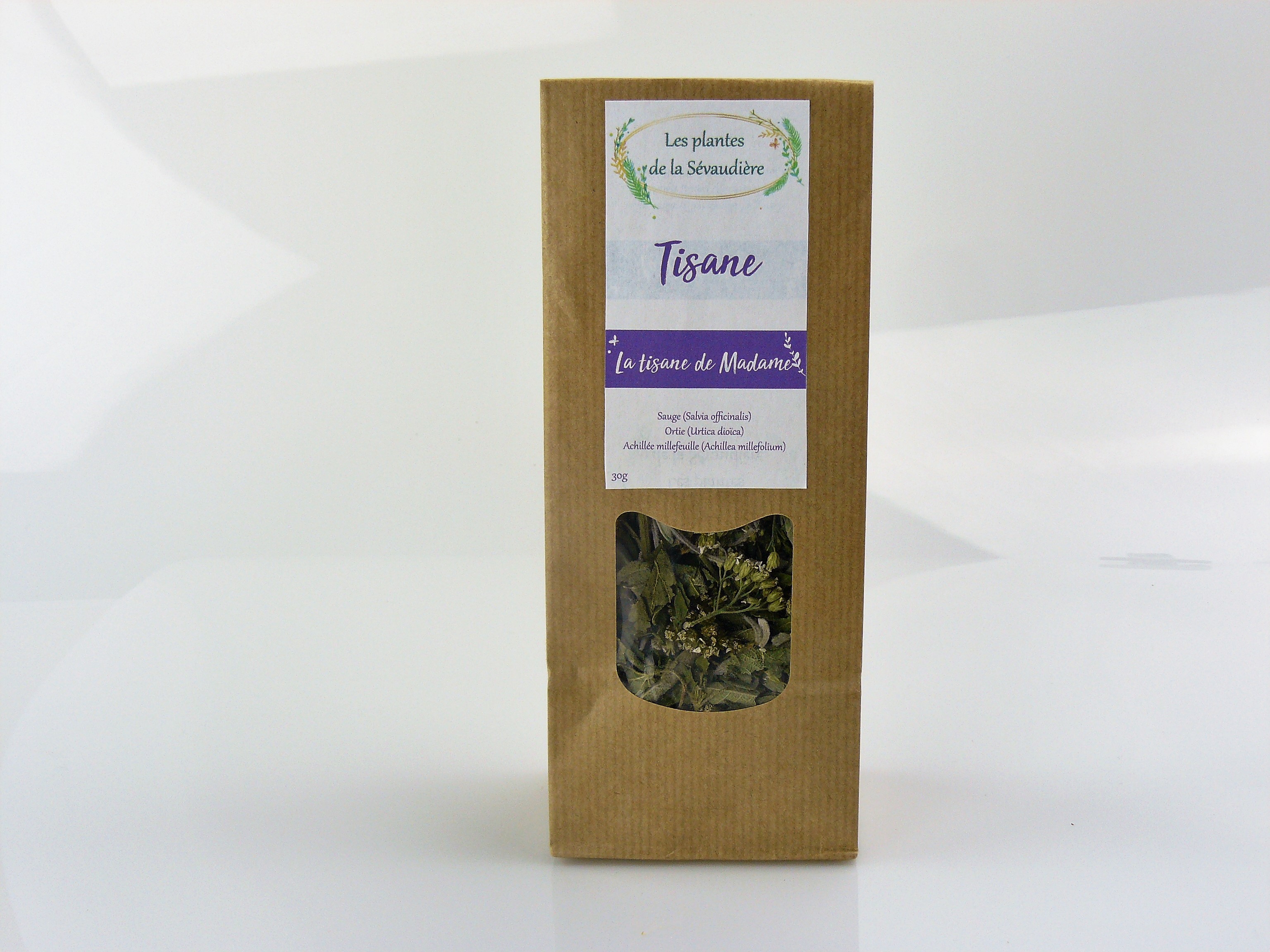 La tisane de Madame 30g - 6€65
Une saveur herbacée. Cette tisane est une très bonne amie des femmes à chaque moment de la vie.

Composition : Feuilles de sauge (salvia officinalis), feuilles d'ortie (urtica dioïca), sommités d'achillée millefeuille (achillea millefolium).