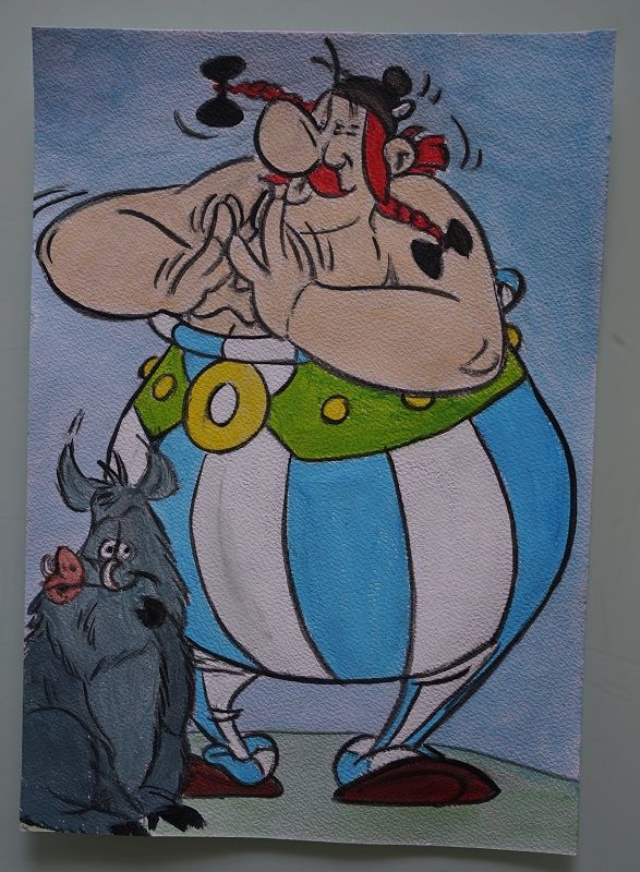 Bl peinture obelix et son gouter sur papier aquarelle format a4 300 g